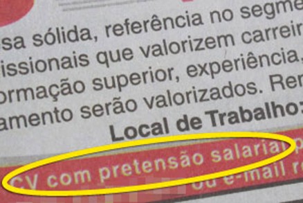 Exemplo de an�ncio com pedido de envio de pretens�o salarial publicado no jornal 'O Estado de S. Paulo' no domingo (11)