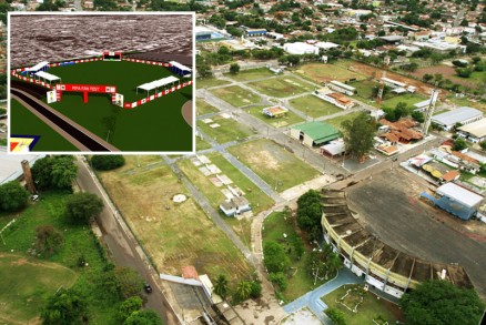 Concepo arquitetnica da obra (detalhe) e o Parque de Exposies, no bairro Dom Aquino