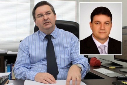O juiz membro do TRE Jos Luiz Blaszak e no detalhe o prefeito Valmir Moretto