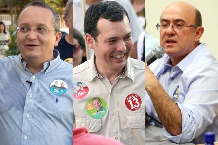 Os candidatos Pedro Taques, Ldio Cabral e Jos Riva, que lideram corrida eleitoral em Cuiab