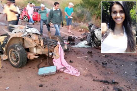 Carros ficaram destrudos aps coliso; a universitria Hinara Maniezzo (detalhe) morreu no local