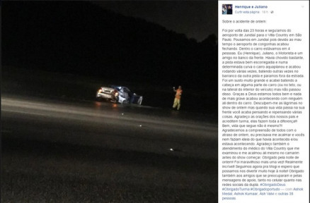 Henrique ainda postou uma foto de como ficou o carro aps o acidente