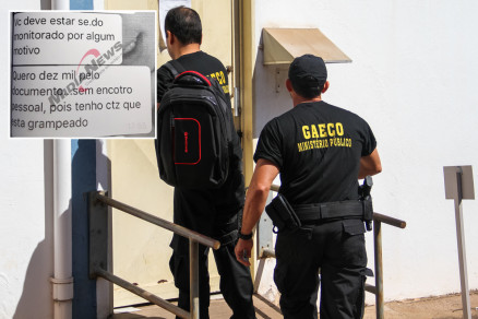 Agentes do Gaeco; no detalhe, trecho da mensagem recebida por delator