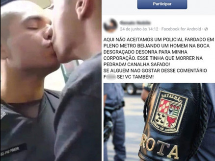 Da esquerda para a direita: vdeo com beijo de soldado beijando homem no Metr de SP viralizou e gerou ofensas nas redes sociais, como a do lado, postada por um policial da Rota