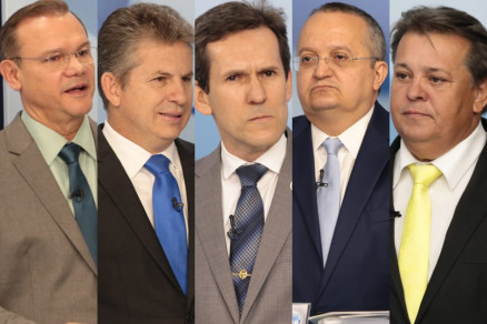 Os candidatos ao Governo Wellington Fagundes, Mauro Mendes, Arthur Nogueira, Pedro Taques e Moiss Franz: primeiro debate