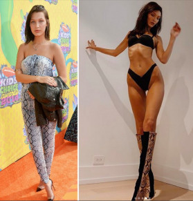 A modelo Bella Hadid em foto de 2014 e em um registro recente compartilhado por ela nas redes sociais