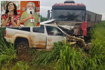 Jocilene Barboza, presidente do Sintep Cuiab, e Jlio Cesar Viana, secretrio do sindicato (no detalhe)