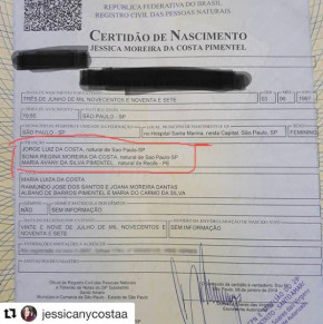 Segunda via da certido de nascimento de Jessica Costa tem trs nomes: o de seus dois pais adotivos e o da sua vizinha, que ajudou a cri-la 