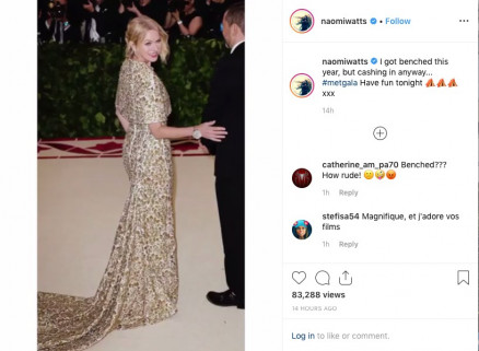 O post no qual a atriz Naomi Watts lamentou no ter sido convidada para o Met Gala 2019