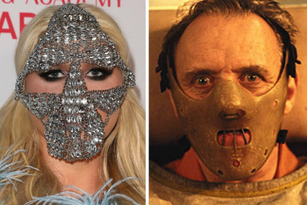 A cantora Kesha com sua mscara pouco usual durante o evento MusiCares, em Los Angeles, e o ator Anthony Hopkins como o vilo Hannibal Lecter em O Silncio dos Inocentes (1991)