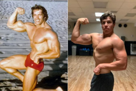 Arnold Schwarzenegger e, ao lado, seu filho Joseph Baena 