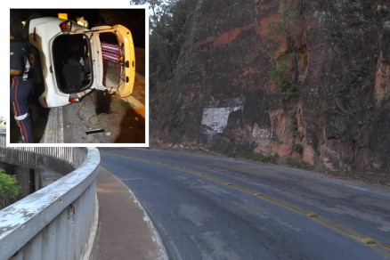 Carro virou ap�s bater no pared�o do Port�o do Inferno, na Rodovia Emanuel Pinheiro