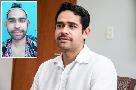 O humorista Thyago Mour�o e seu personagem Wylon (no detalhe)