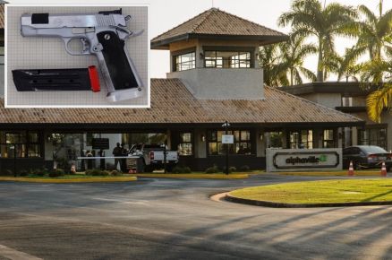 A fachada do Condomnio Alphaville e a arma (detalhe) que matou a jovem