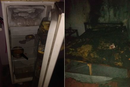 Geladeira em que a criana foi encontrada e a cama completamente destruda aps incndio