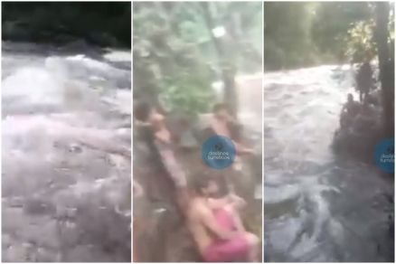 Grupo precisou buscar abrigo nas pedras s margens da cachoeira