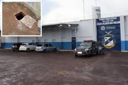 Buraco (detalhe) feito pelos presos que fugiram da Penitenciria Major PM Zuzi Alves da Silva