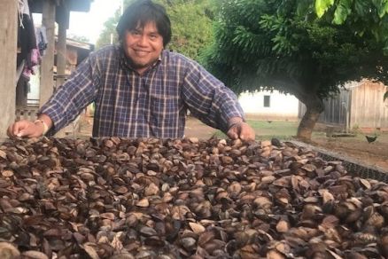 Membro da comunidade ao lado de castanhas coletadas 