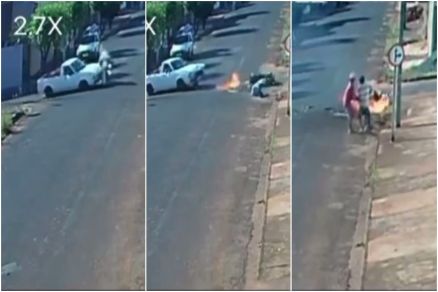 Moto � atingida, raspa no asfalto e pega fogo 