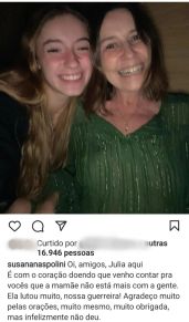 Filha de Susana Naspolini posta despedida 