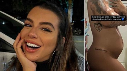 Nua, Petra Mattar mostra barriguinha de grvida: 'Voc  tudo de mais lindo em mim' 