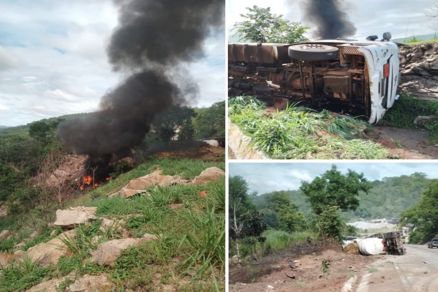 Ve�culo ficou tombado e parte da carga se incendiou