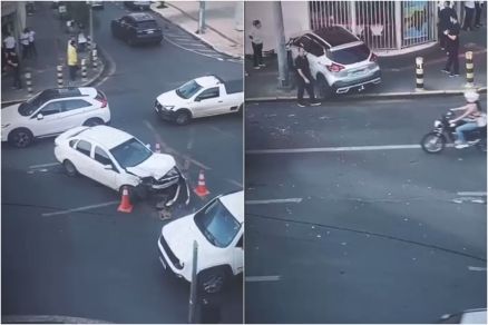 Imagem mostra veculo atravessado na pista e outro que invadiu calada 