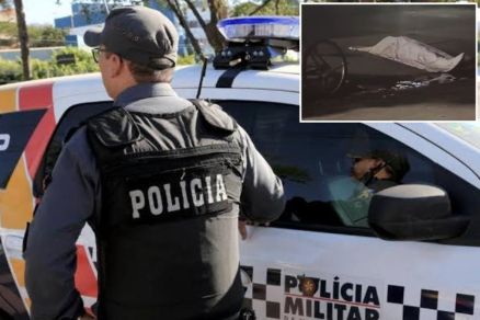 O rapaz ficou cado sobre a calada; o local foi isolado para os procedimentos de percia 
