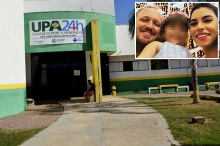 Fachada da Unidade de Pronto Atendimento de Sinop, dr Anete Mota Maria Maria (UPA 24 h); em detalhe Lucas Pootz, a filha e a esposa