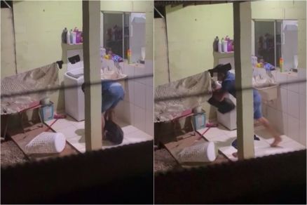 A imagem mostra um homem socando a cabe�a de um animal e em seguida o arremessando 