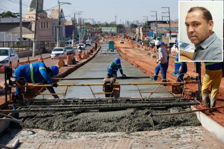 O presidente da associao Pedro Aquino (no detalhe) e as obras do BRT 