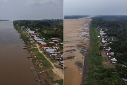 Em 2022, as �guas do rio Solim�es chegavam � Terra Ind�gena Porto Praia, na regi�o do M�dio Solim�es; um ano depois, o leito est� sec