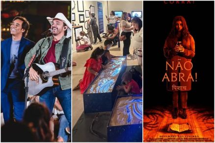 Na imagem a dupla Guilherme e Santiago, a exposi��o Magia do Natal e o poster de N�o Abra!