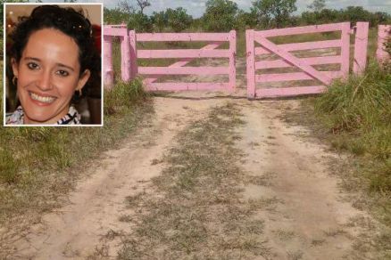 A empresria Maria Anglica (detalhe) e a porteira da fazenda alvo de litgio