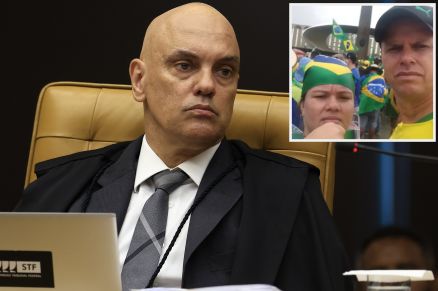 O casal Alessandra Rondon e Joelton de Oliveira (detalhe) e o ministro Alexandre de Moraes