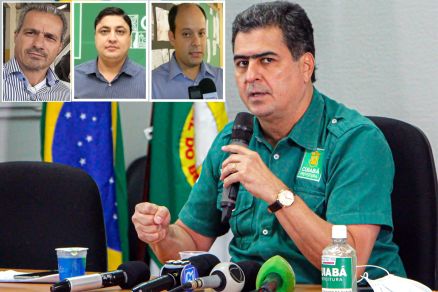 O prefeito Emanuel Pinheiro e os ex-secretrios Gilmar Souza Cardoso, Clio Rodrigues e Milton Corra (no detalhe)
