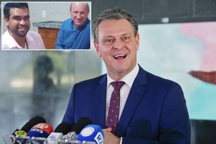 O ministro da agricultura Carlos Fávaro; no detalhe, o ex-secretário Neri Geller e ex-diretor da Conab Thiago Santos