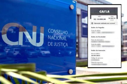 Fachada do CJN; no detalhe, recibo do depsito realizadoQ