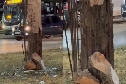 O poste danificado no canteiro da Avenida do CPA, em Cuiab