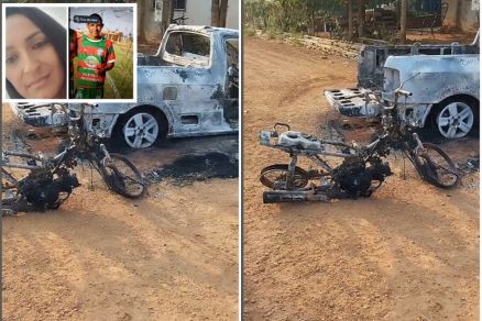 Veculos ficaram destrudos com as chamas; no detalhe, Gleiciane e o assassino Valdinei