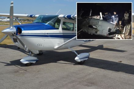 Avio modelo Cessna Skylane, modelo semelhante ao que caiu em Cuiab; no detalhe, a aeronave acidentada