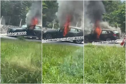 Imagens mostram carro pegando fogo  em rua 