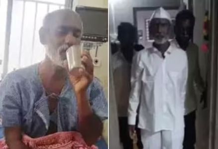 Pandurang Ulpe ao ser internado (� esquerda) ap�s ser dado como 'morto' e ao receber alta de hospital na �ndia 