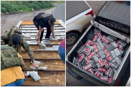 V�deo mostra policiais retirando carga il�cita do caminh�o