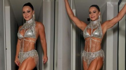 Viviane Araujo posou para fotos antes do ensaio do Salgueiro 