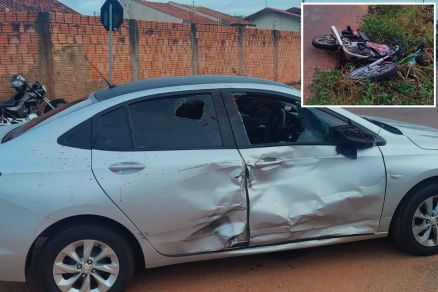 A motocicleta (detalhe) atingiu a lateral do Onix 