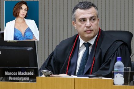 O desembargador Marcos Machado, que negou pris�o domiciliar para Taiza Tosatt (no detalhe)
