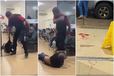 Homem sendo arrastada por vigilante; sangue deixado no local  