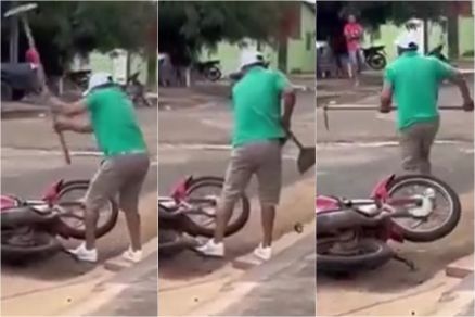 Momento em que homem destri a motocicleta da vtima que o seguiu at em casa 