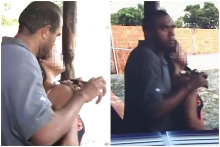 O homem, identificado como Roberto, com as facas apontadas para o pescoo da vtima